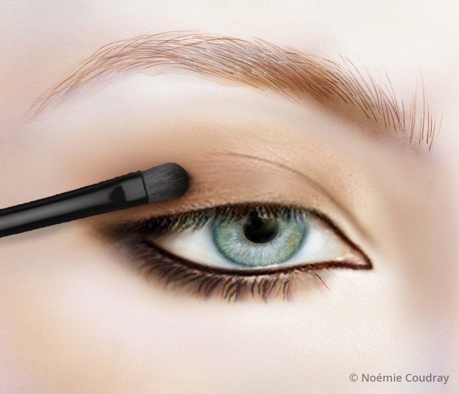 Hyperrealistic illustration of an eye being made up with a brush