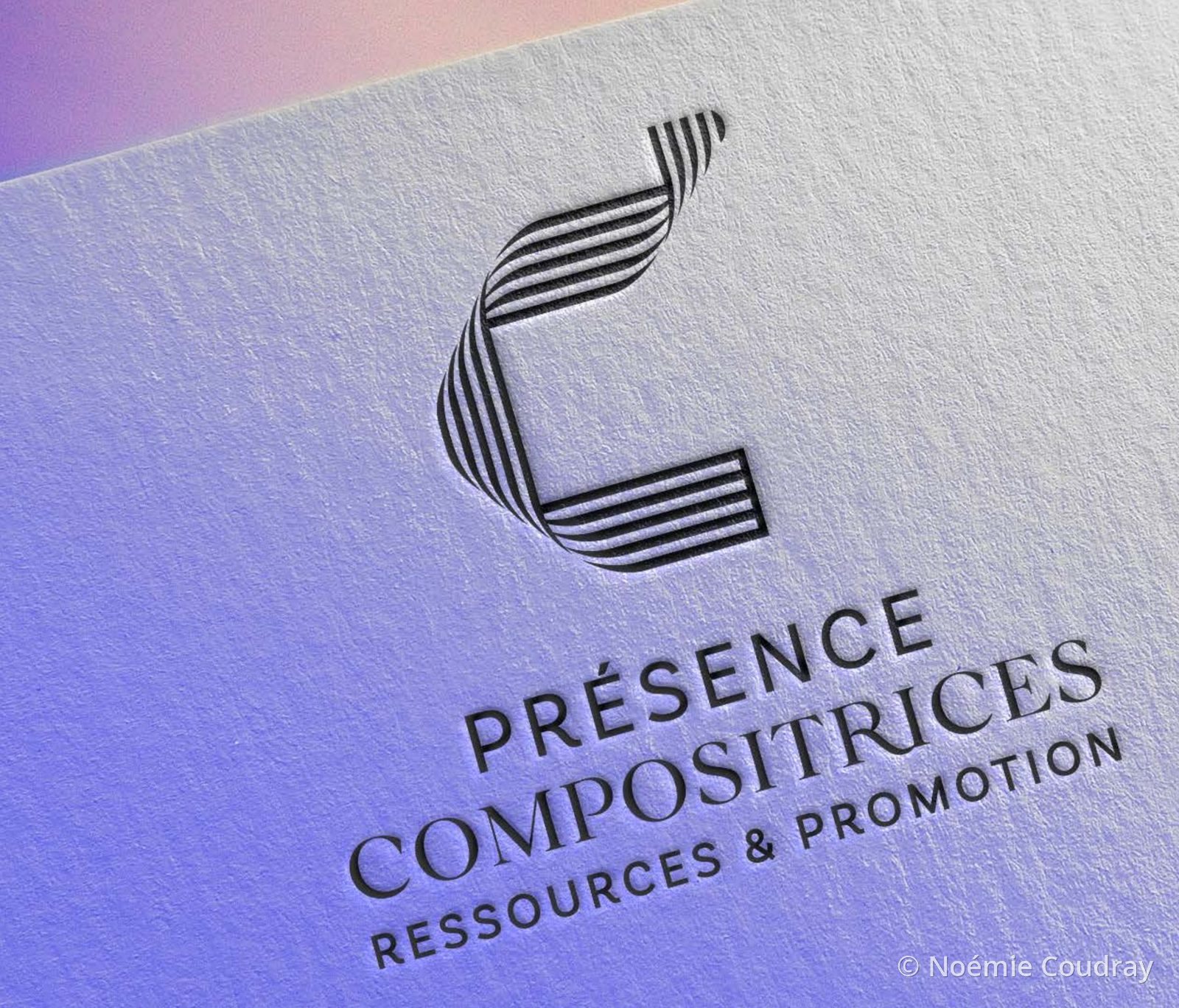 Présence Compositrices logo embossed on textured paper
