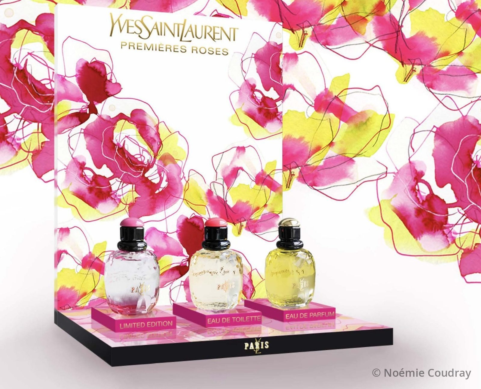 Yves Saint Laurent Paris Premières Roses display, watercolour roses around the bottles